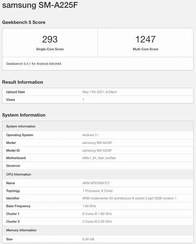 Geekbench上三星Galaxy  A22 4G有望和Galaxy  A22 5G一起出现