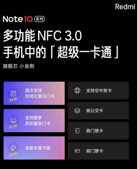 Redmi  Note  10系列配备NFC  3.0，支持封闭算法门卡