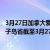 3月27日加拿大爱德华王子岛省疫情最新消息-截至爱德华王子岛省截至3月27日7时10分(北京时间）疫情数据统计